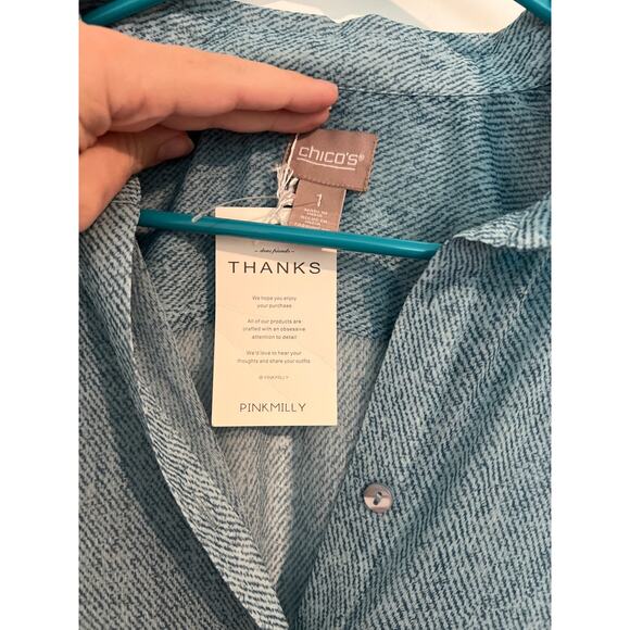 NWT Chico's Herringbone Long Sleeve Sheer Shirt Dress Turquoise Blue Women's 1 - Picture 3 of 6